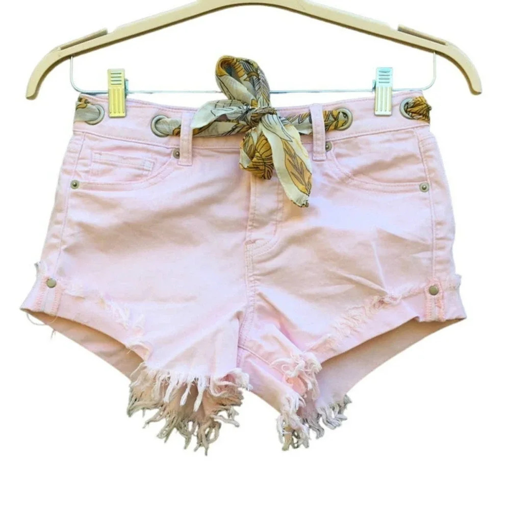 Altar’d State Women's Size 26 Pink Button Fly Fringe Denim Belted Shorts